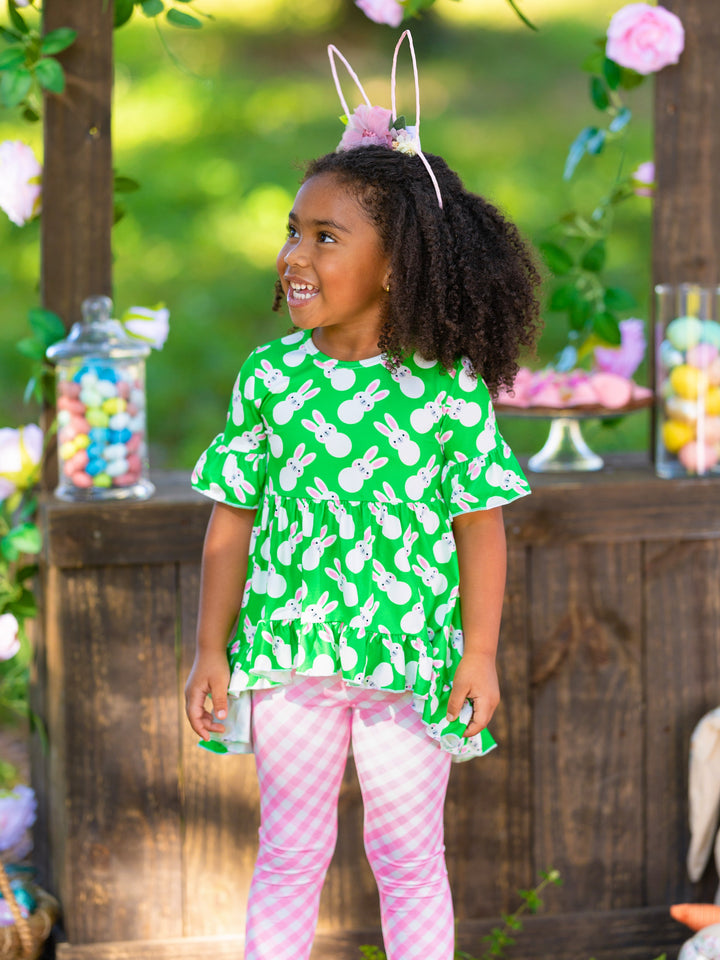 Girls Easter-themed set features ruffle sleeve hi-lo tunic and all-over floral or plaid print stretchy leggings for 2T to 10Y for toddlers and girls