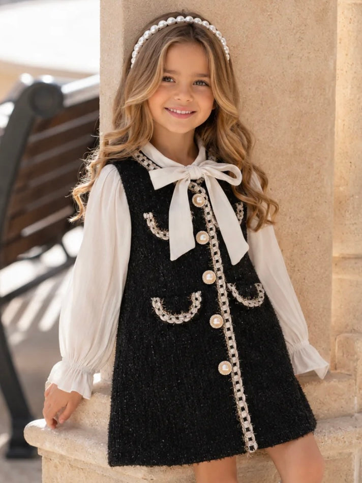 Little Miss Sophisticated Pearl-Embellished Tweed Dress
