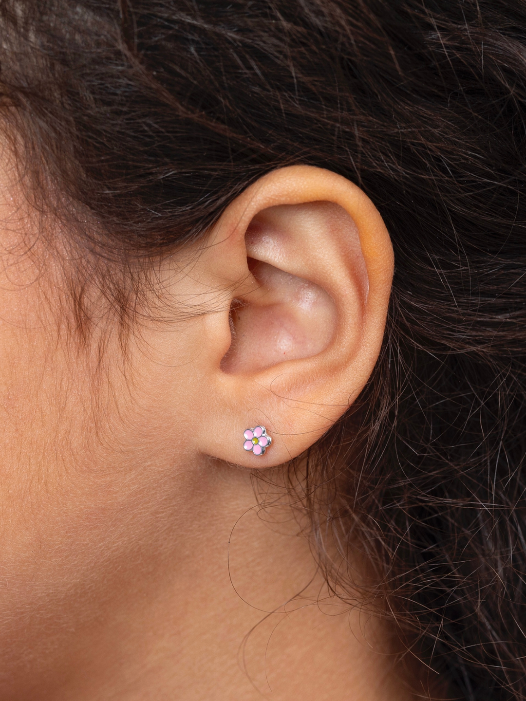 Girls Premium Pink Daisy Flower Silver Stud Earrings