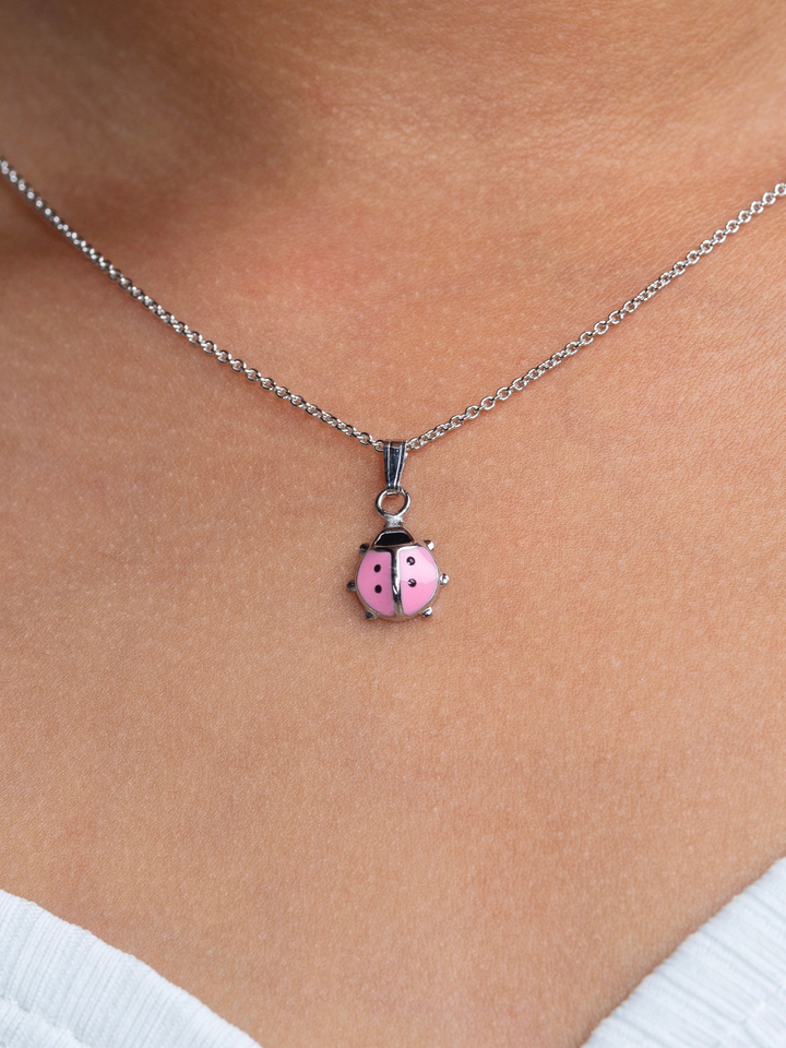 Girls Premium Sterling Silver Pink Ladybug Pendant Necklace