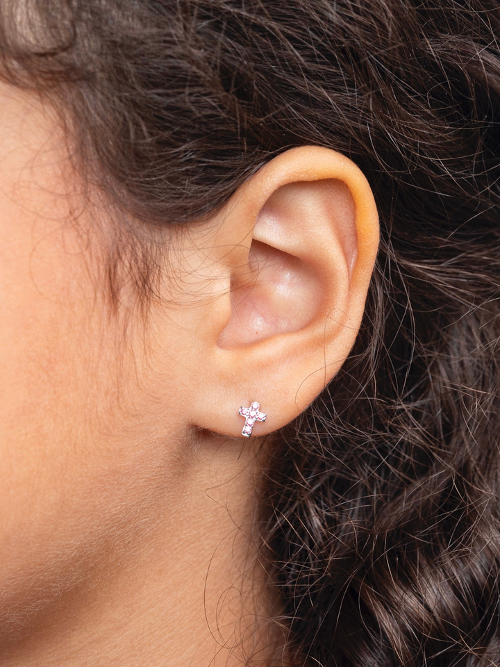 Girls Premium Sterling Silver Pink Cross Stud Earrings