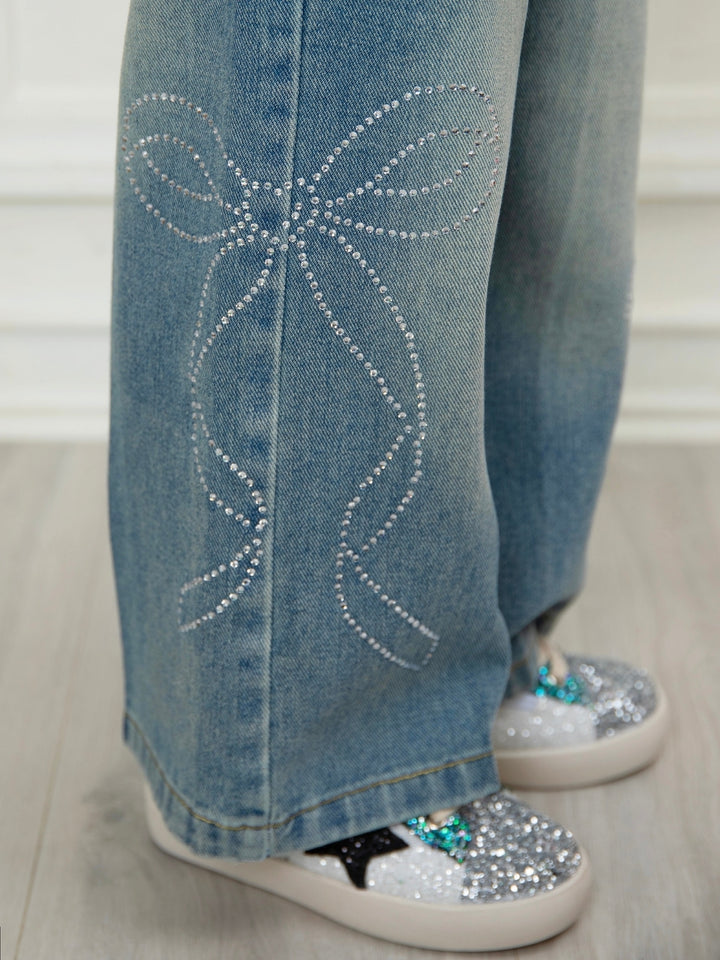 Trendy girls wide leg jeans featuring sparkling crystal bows
