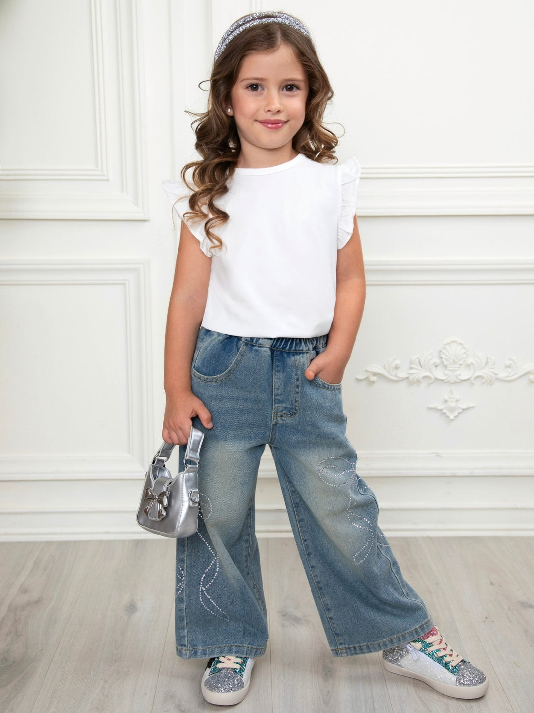 Girls denim outfit bundle with crystal bow jeans and glitter sneakers