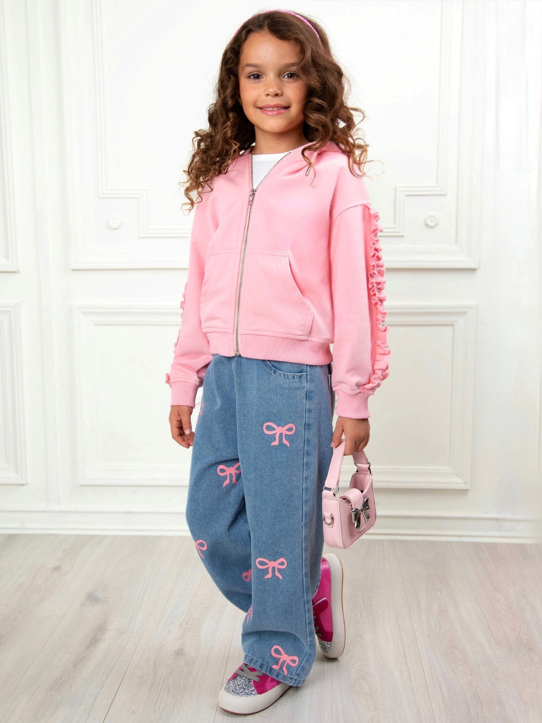 Girls back to school wide leg denim pants with pink bows