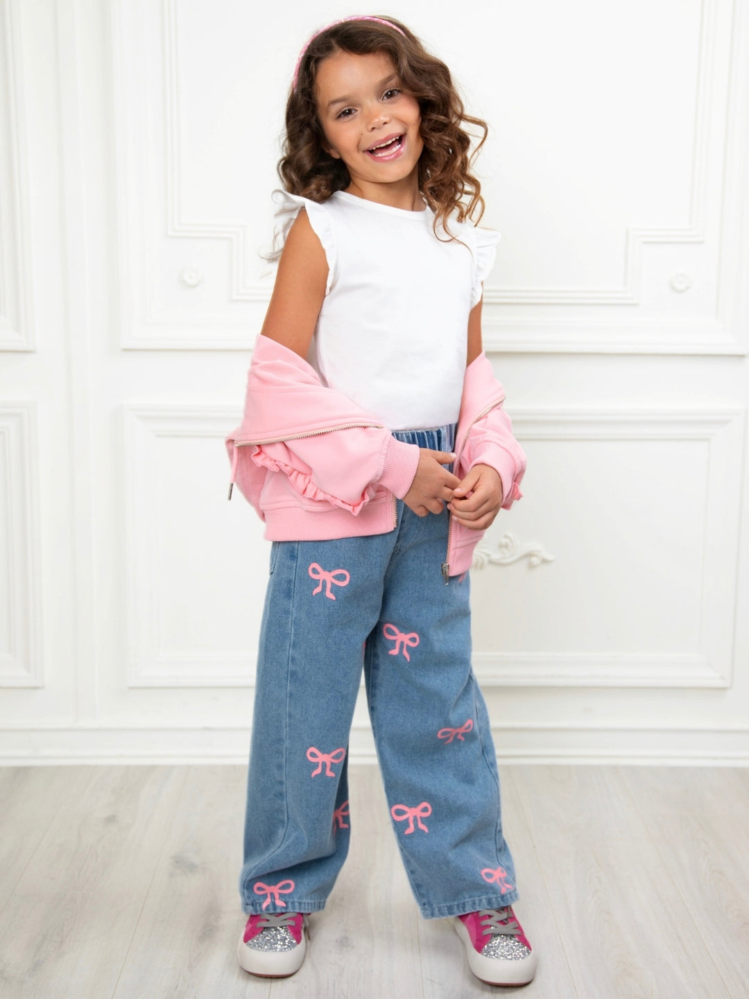 Cute girls everyday denim jeans with embroidered pink bows