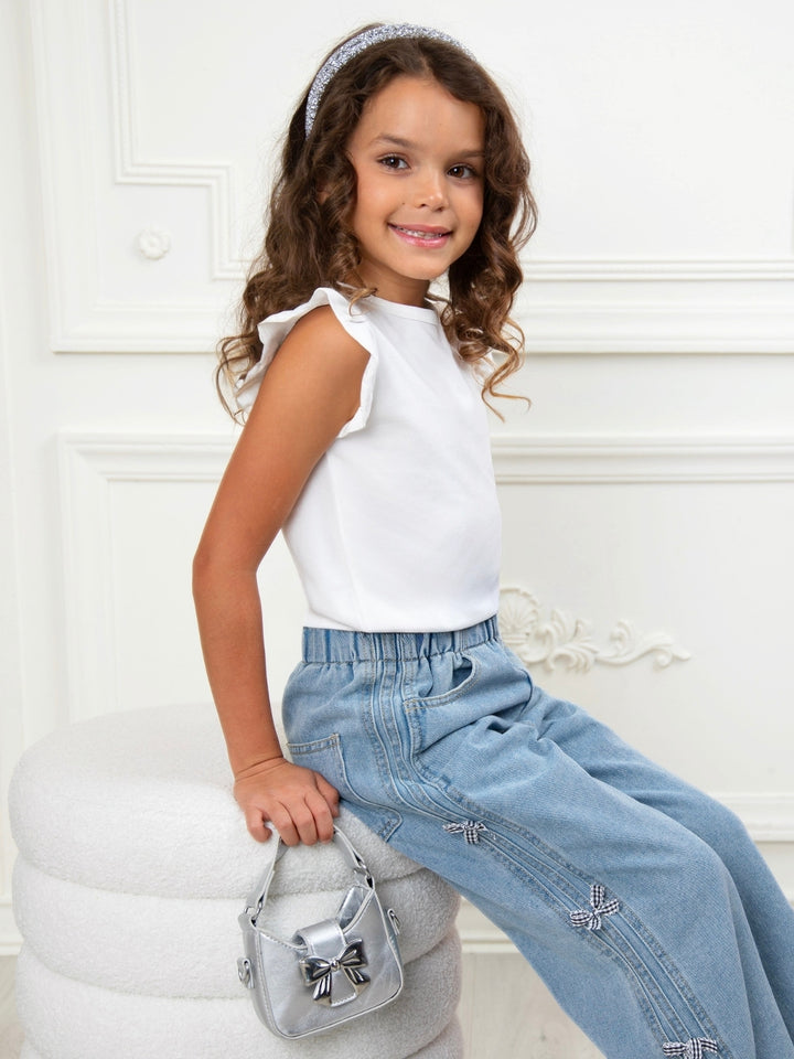 Fashion girls denim jeans with side bow embellishments
