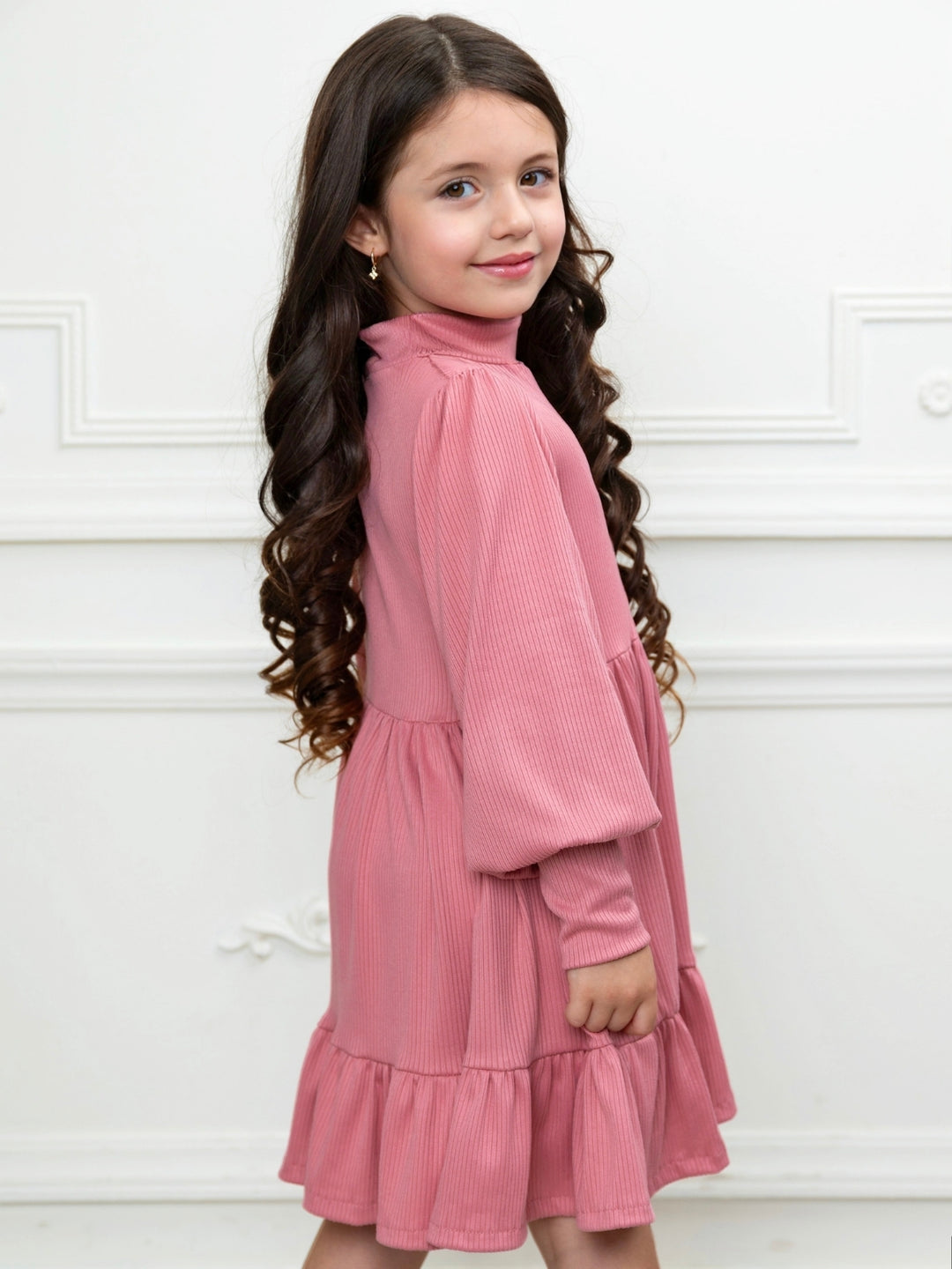 Pink girls dress featuring soft ribbed knit fabric