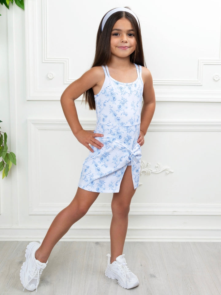 Cute girls blue flower print dress with built in shorts