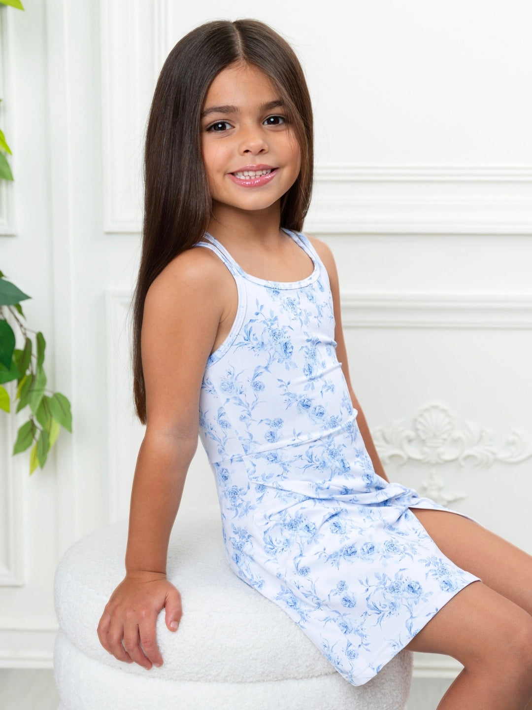 Girls blue floral skort dress with side twist detail