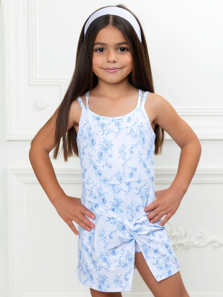 Blue floral girls dress featuring twist accent