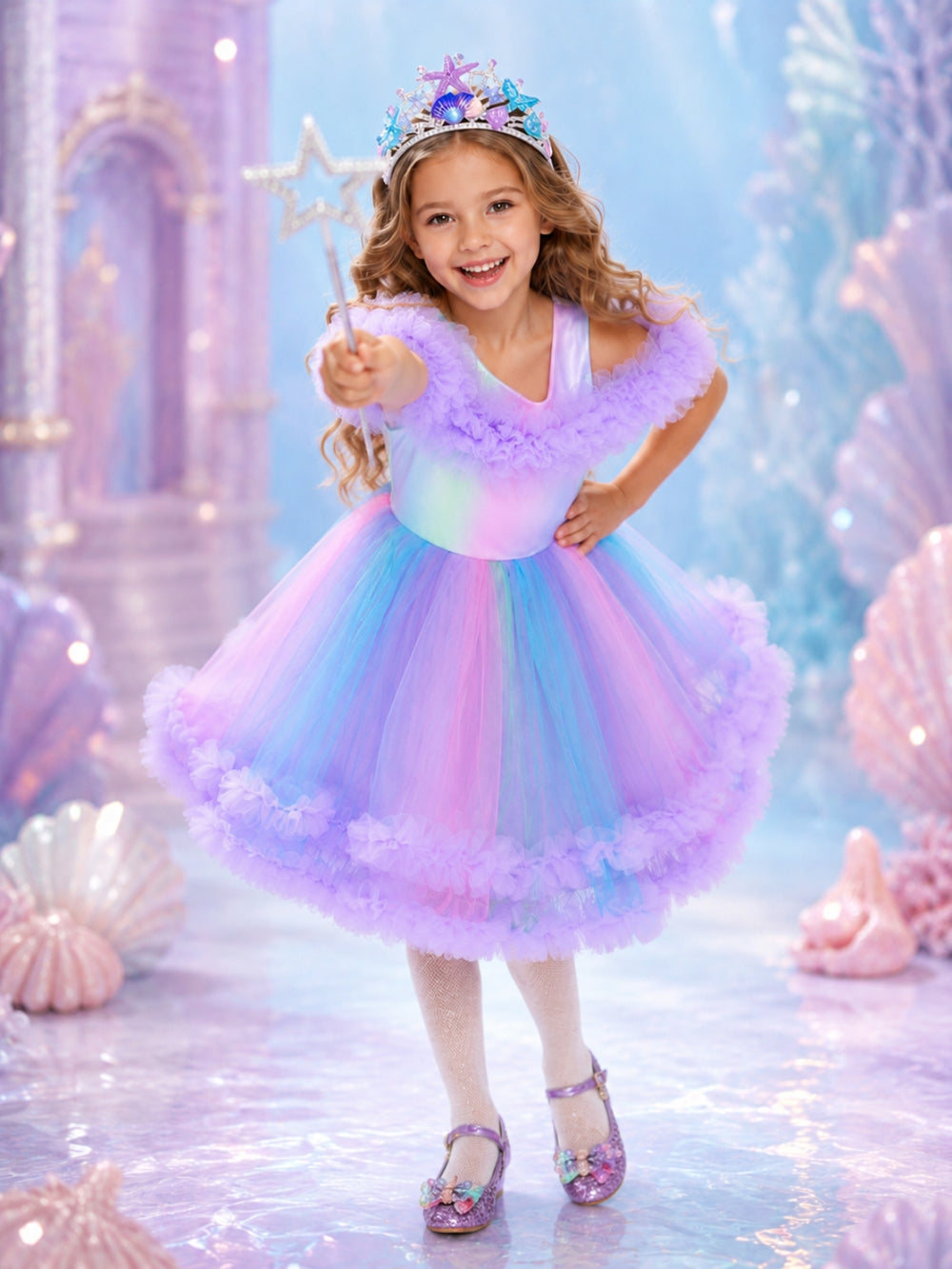 Pastel sea princess costume for girls featuring a shimmering tulle dress.
