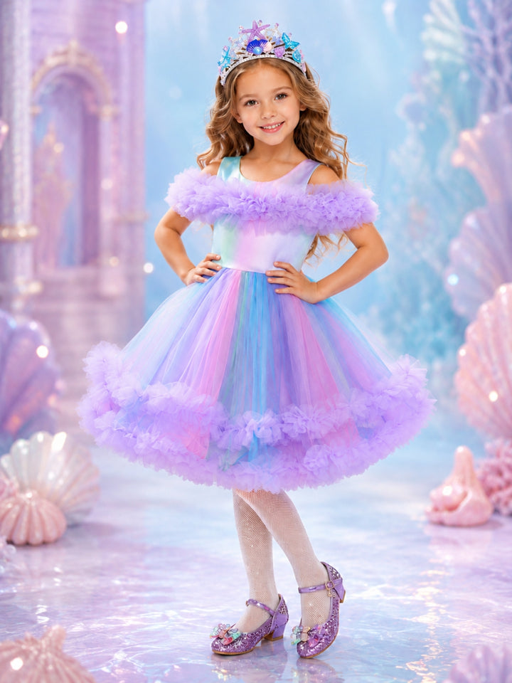 Girls ocean princess Halloween costume with fluffy lavender ruffle details.
