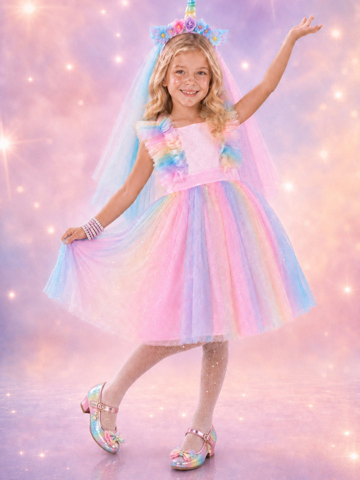Girl wearing a Pastel Dream Unicorn Halloween costume with a pastel rainbow dress.