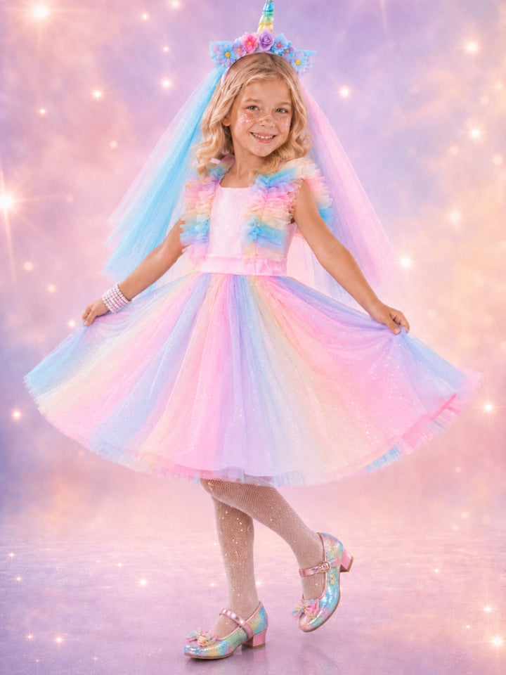 Magical pastel rainbow unicorn costume for girls with twirl-worthy skirt.
