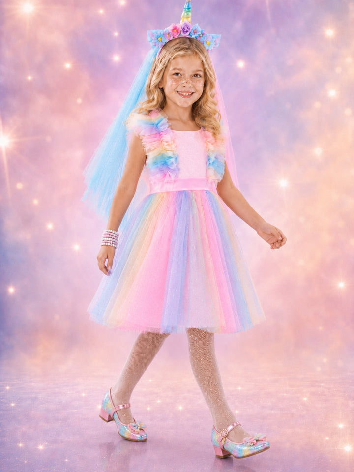 Pastel unicorn Halloween costume for girls featuring a sparkling rainbow tulle dress.