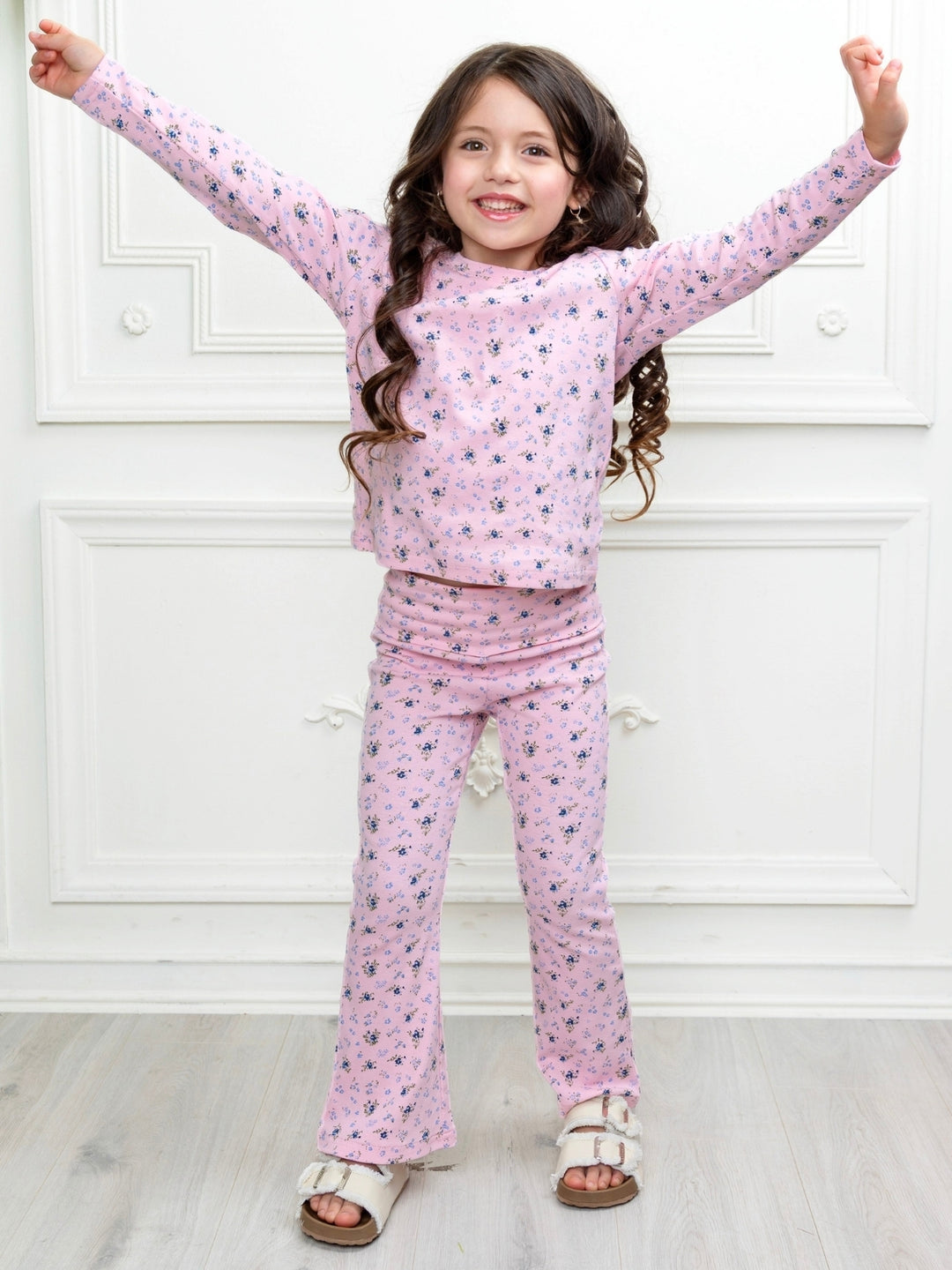 Cute girls matching floral set with long sleeve shirt and flare pants