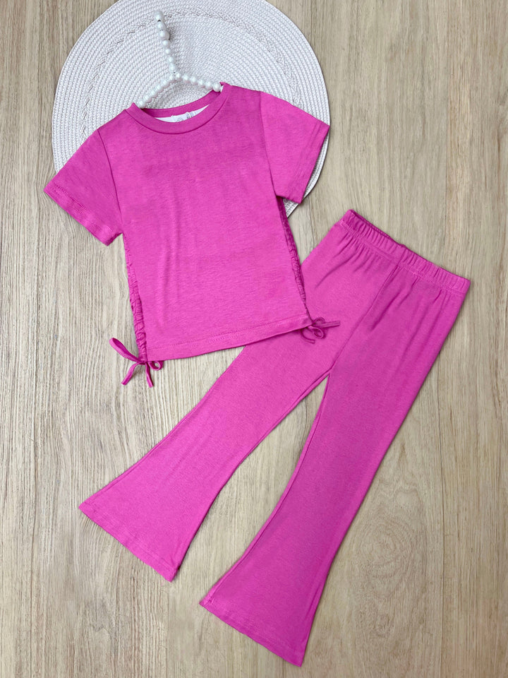 Everyday Stretch Pink Side-Ruched Tee & Flare Pant Set