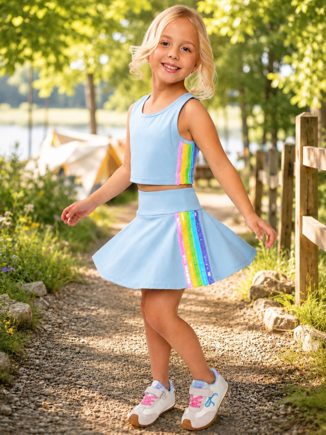 Girl wearing light blue rainbow stripe athletic skort set for summer