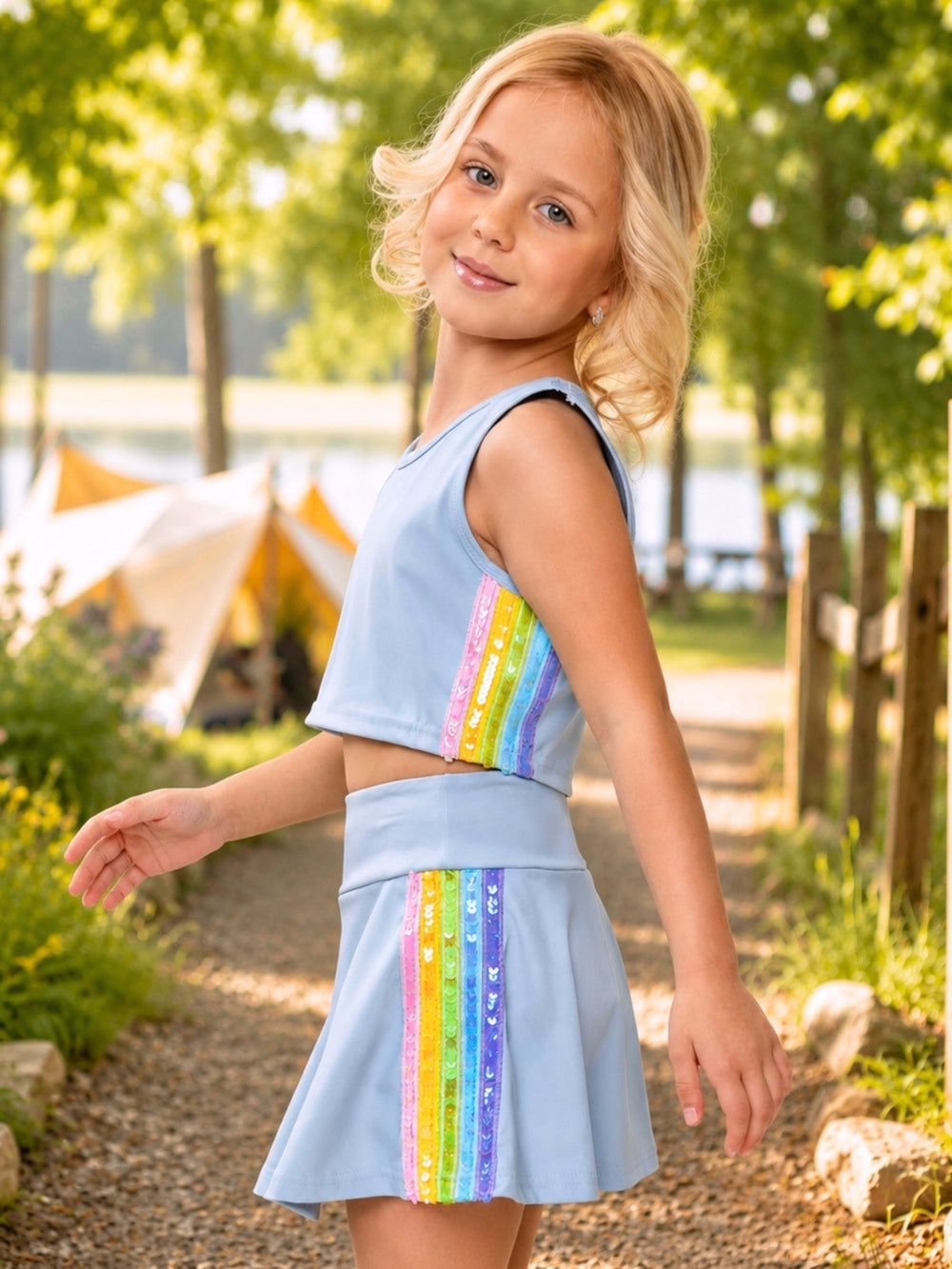 Girls sporty rainbow activewear set with crop tank and skort