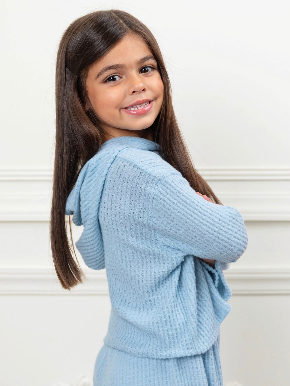 Girls matching waffle knit outfit with hooded top
