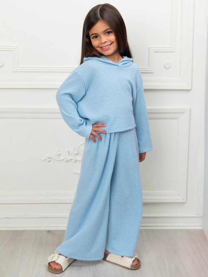 Girls blue waffle knit hoodie and wide leg pant set