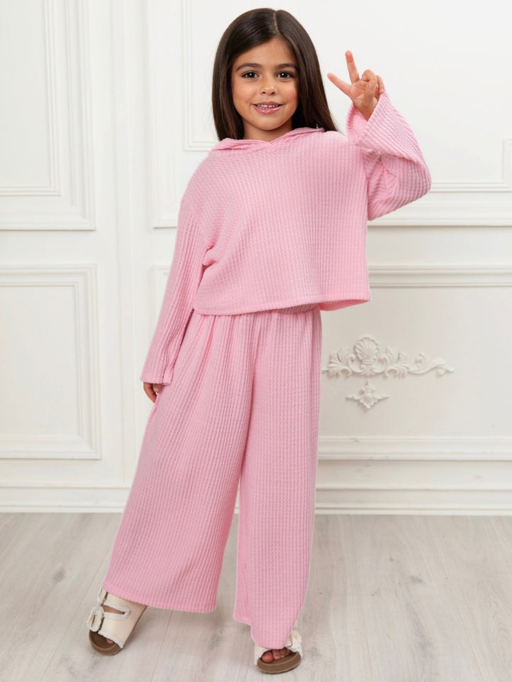Girls pink waffle knit hoodie and wide leg pant set