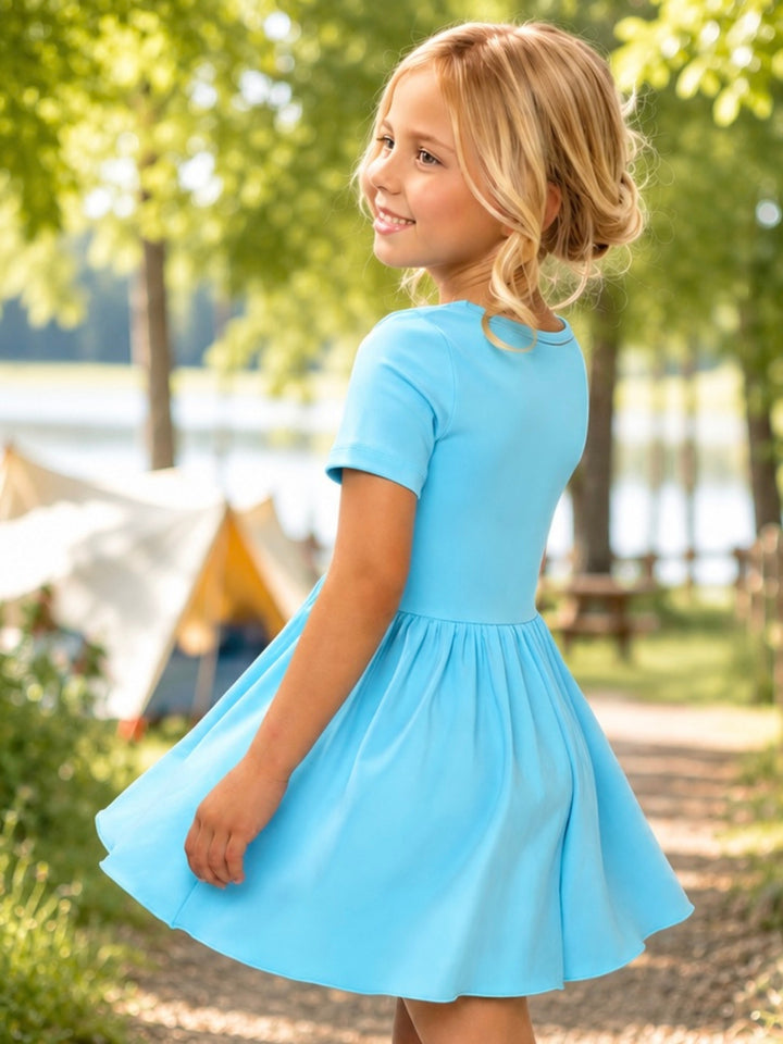 Short sleeve girls sporty dress with flowy skirt