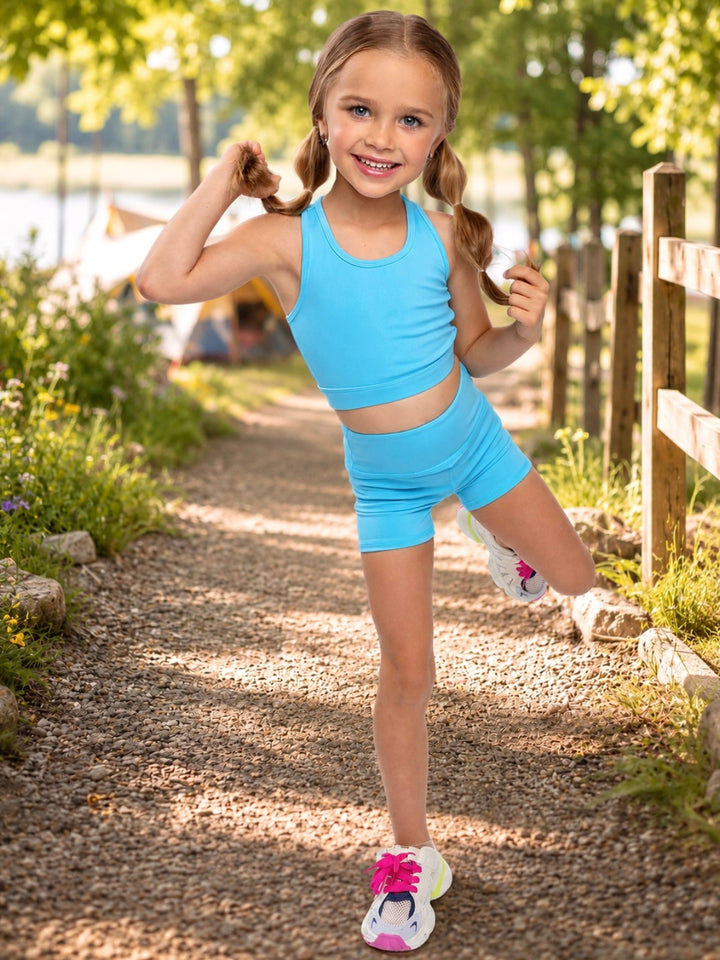 Girls sporty activewear set in aqua blue color