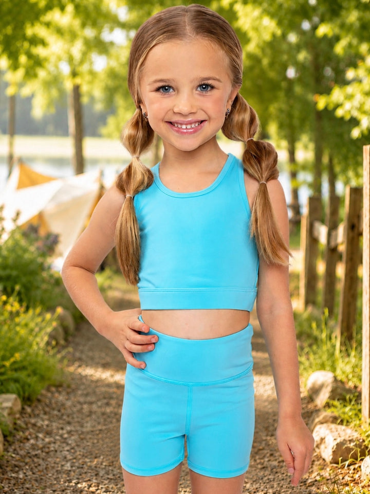 Girls aqua biker short set with racerback crop top