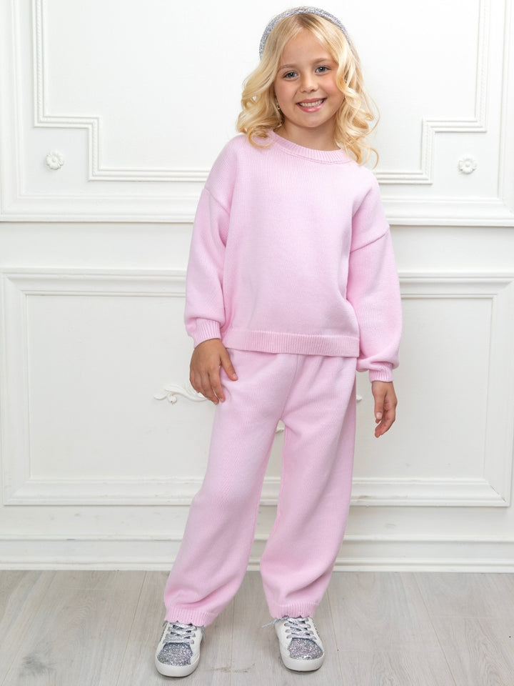 Girls cozy pink knit lounge set with matching pants