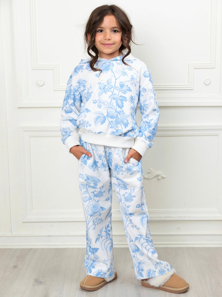 Girls blue floral hoodie and wide leg pant set