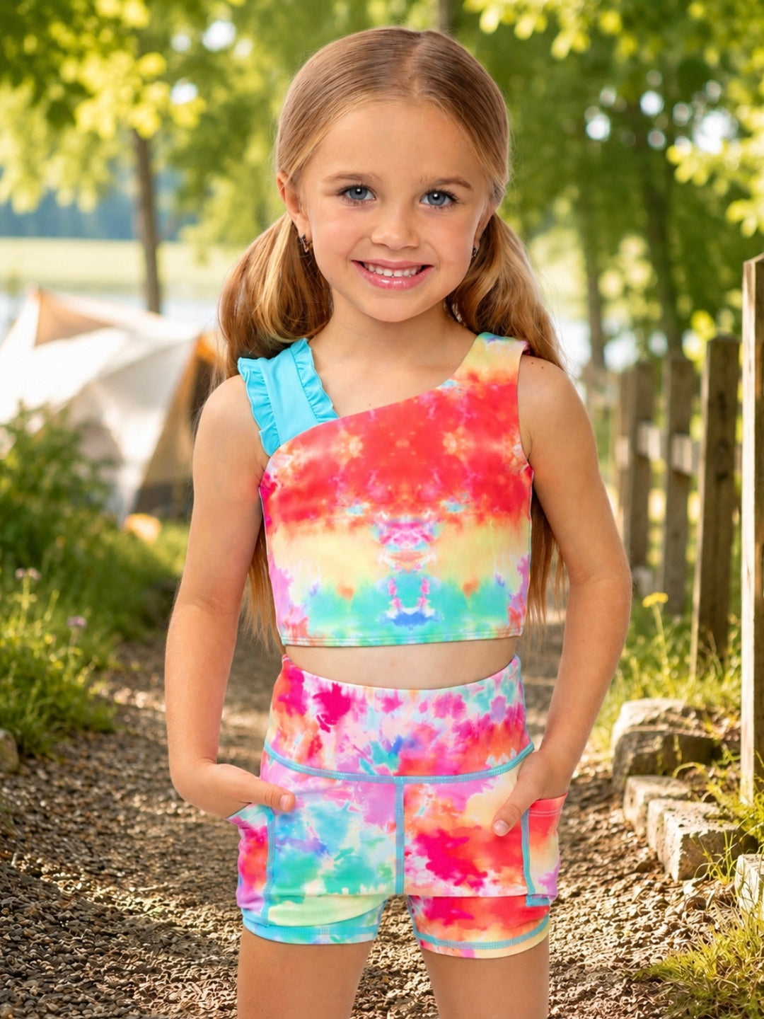 Girls colorful tie-dye biker short activewear set for summer