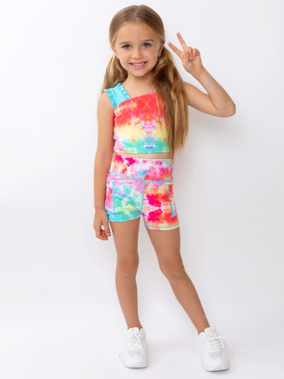 Sunburst Tie-Dye Top, Shorts, & Leggings 3-Piece Active Set