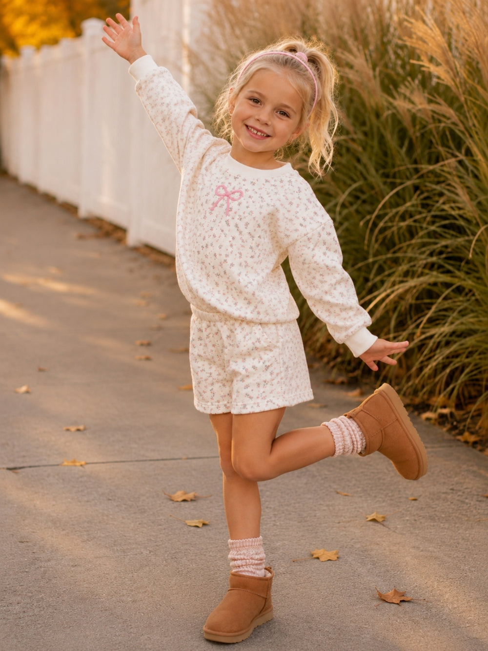 Girl wearing a floral sweatshirt and matching shorts set with embroidered bow.