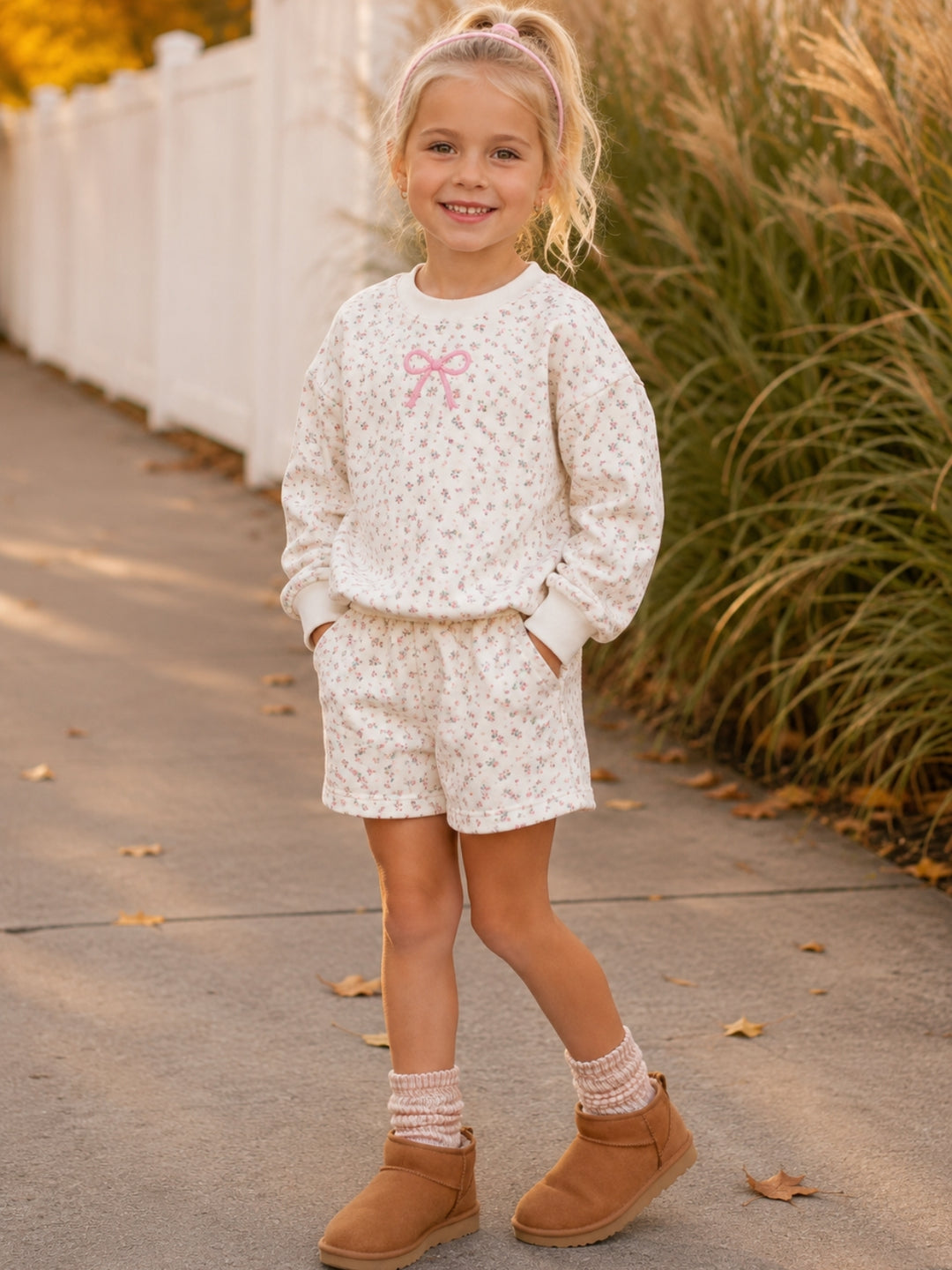Girls floral sweatshirt and shorts for fall and everyday wear.