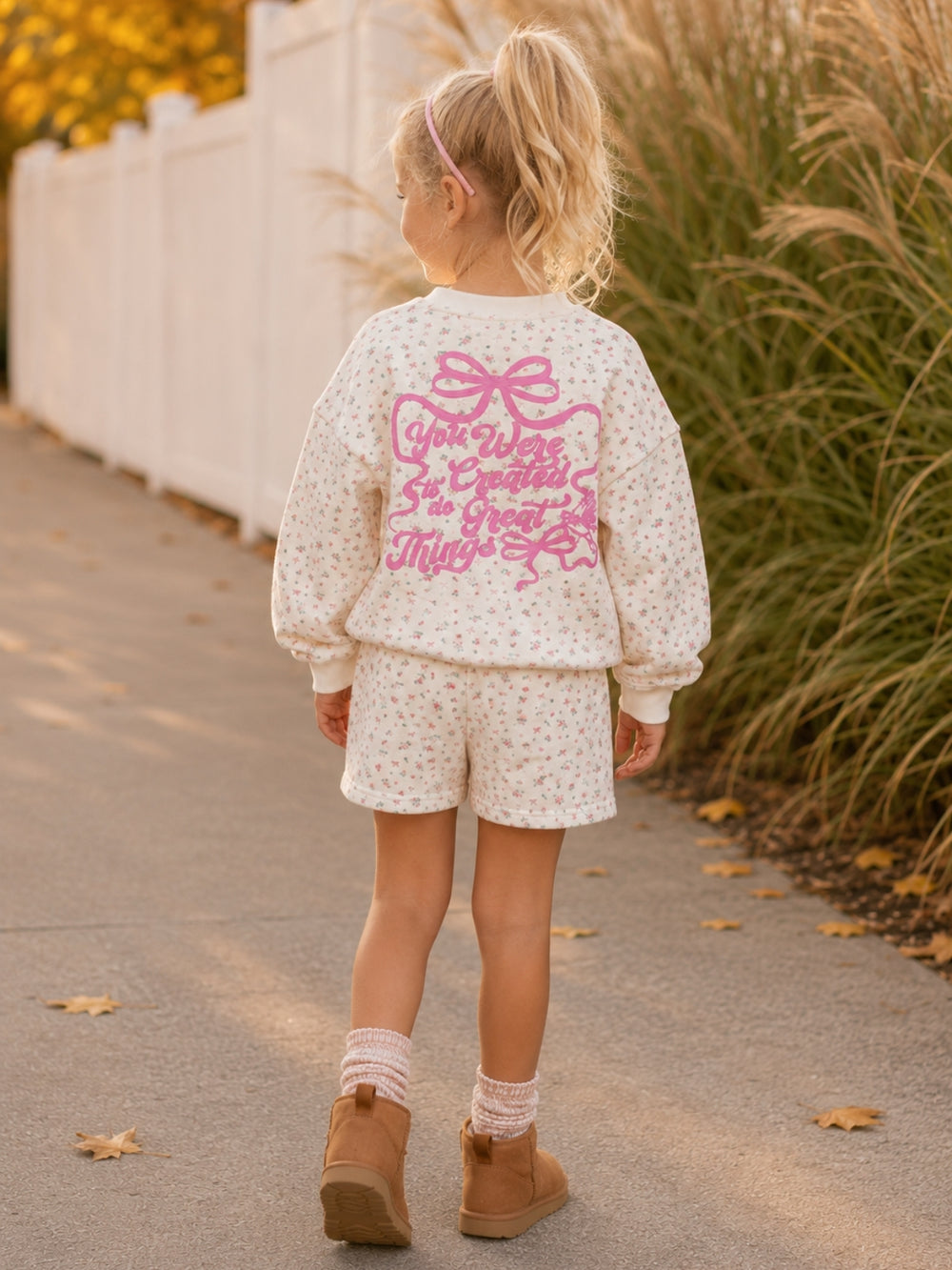 Girls cream floral lounge set with inspirational graphic sweatshirt.