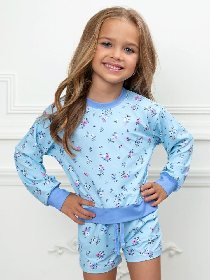 Blue girls everyday outfit with floral print and coordinating shorts