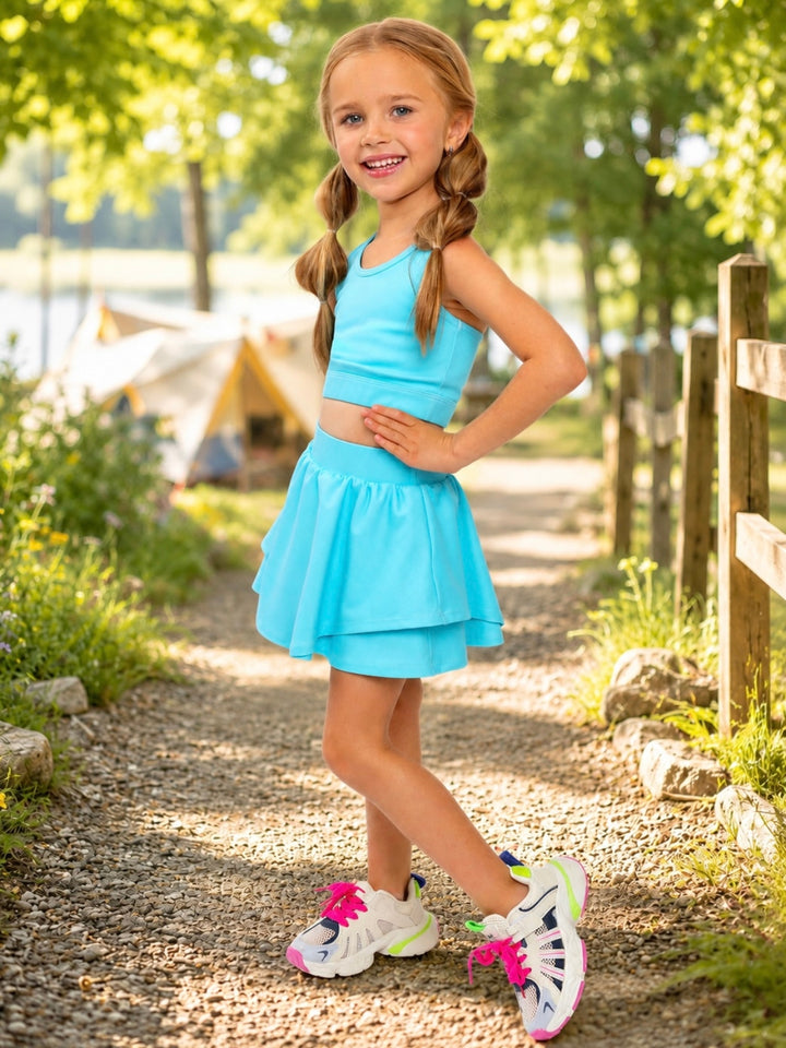 Girls aqua athletic skort set with racerback crop tank