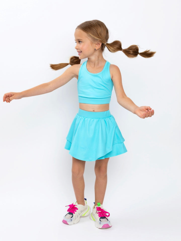 Girls tennis skort set in aqua blue activewear style