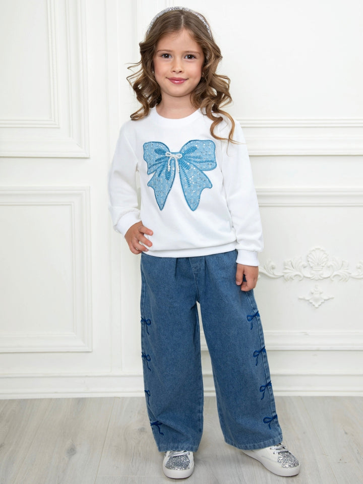 Girls denim bow sweatshirt and wide leg jean set