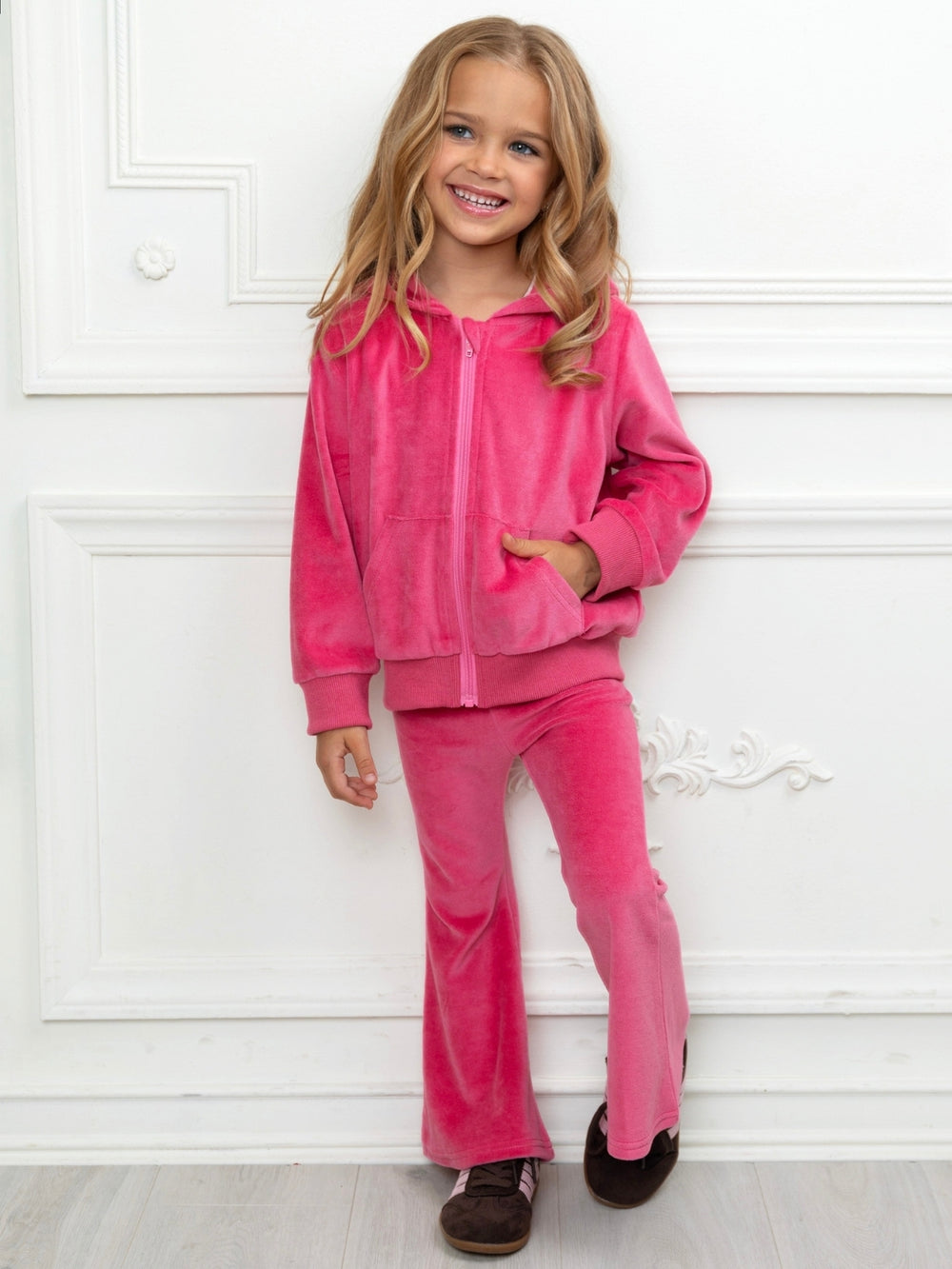 Girls pink velour zip hoodie and flare pant set