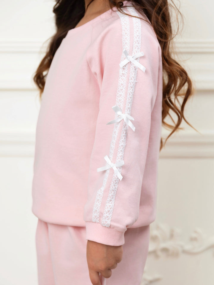 Girls pink casual outfit with lace ribbon details