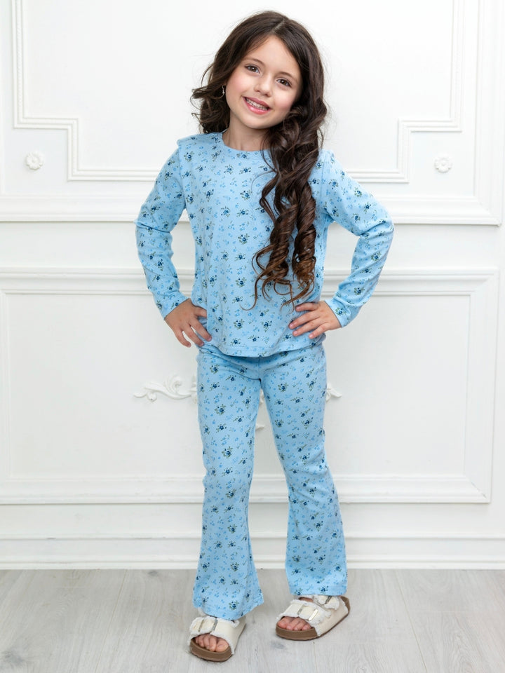 Blue girls everyday outfit with floral print and flare leg pants