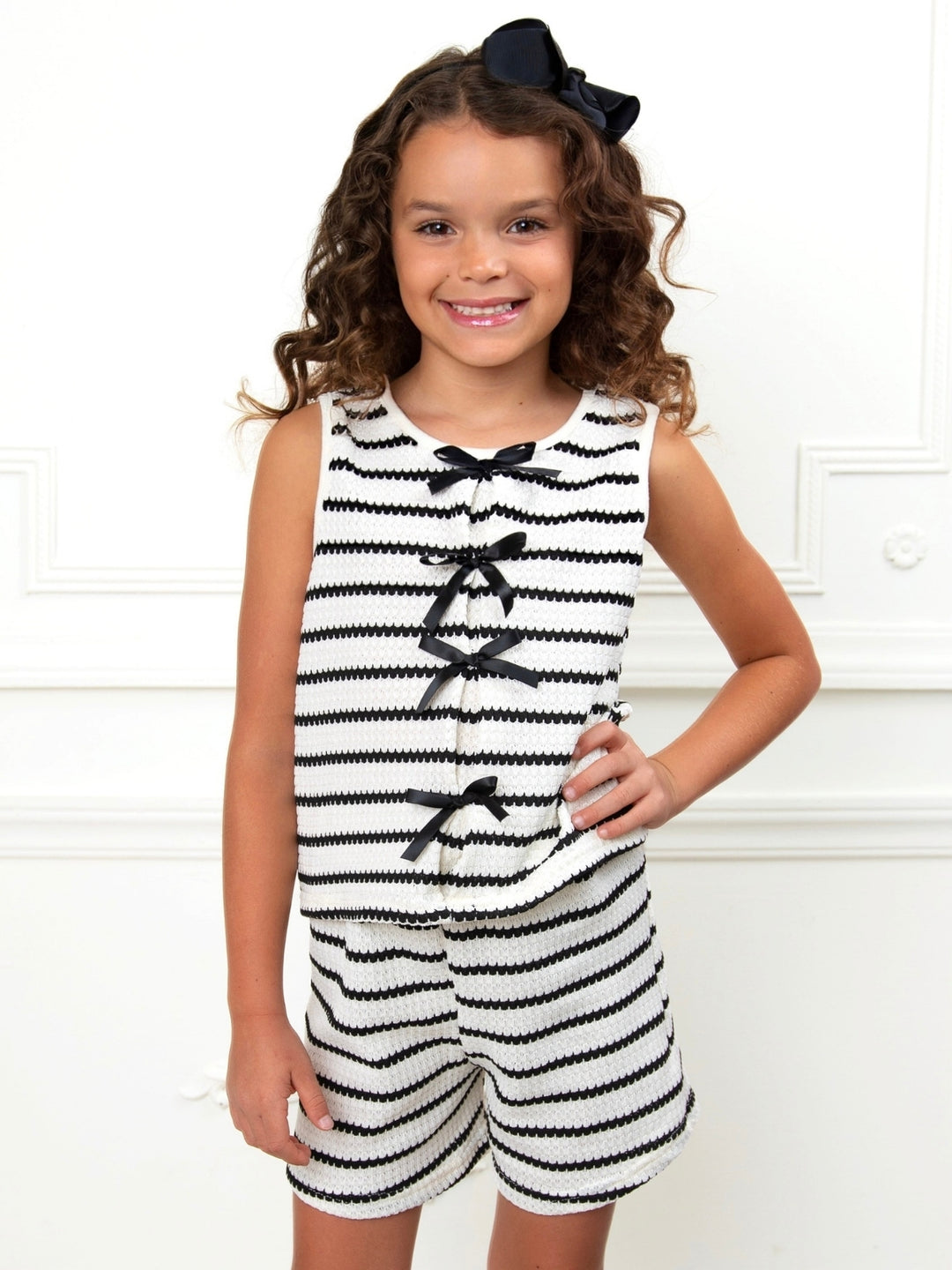 Black and ivory striped girls short set for everyday wear