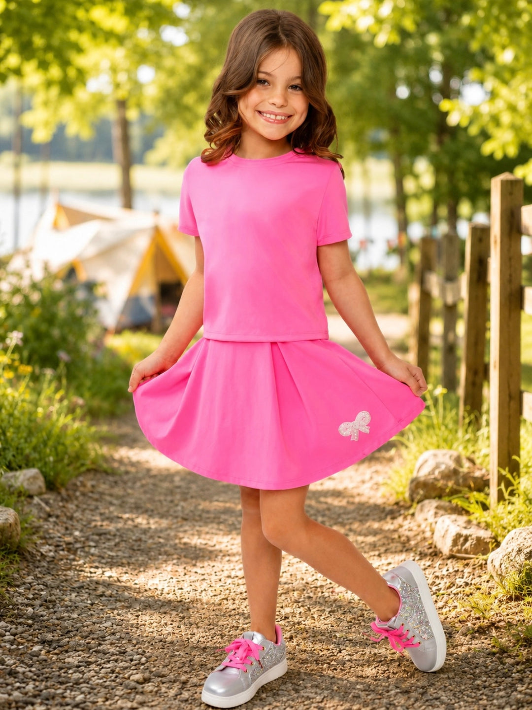 Girls pink active skort set with sporty short sleeve top