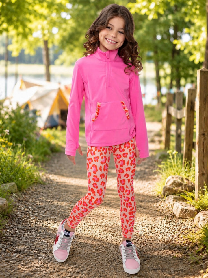 Girls pink leopard print activewear set with quarter zip pullover