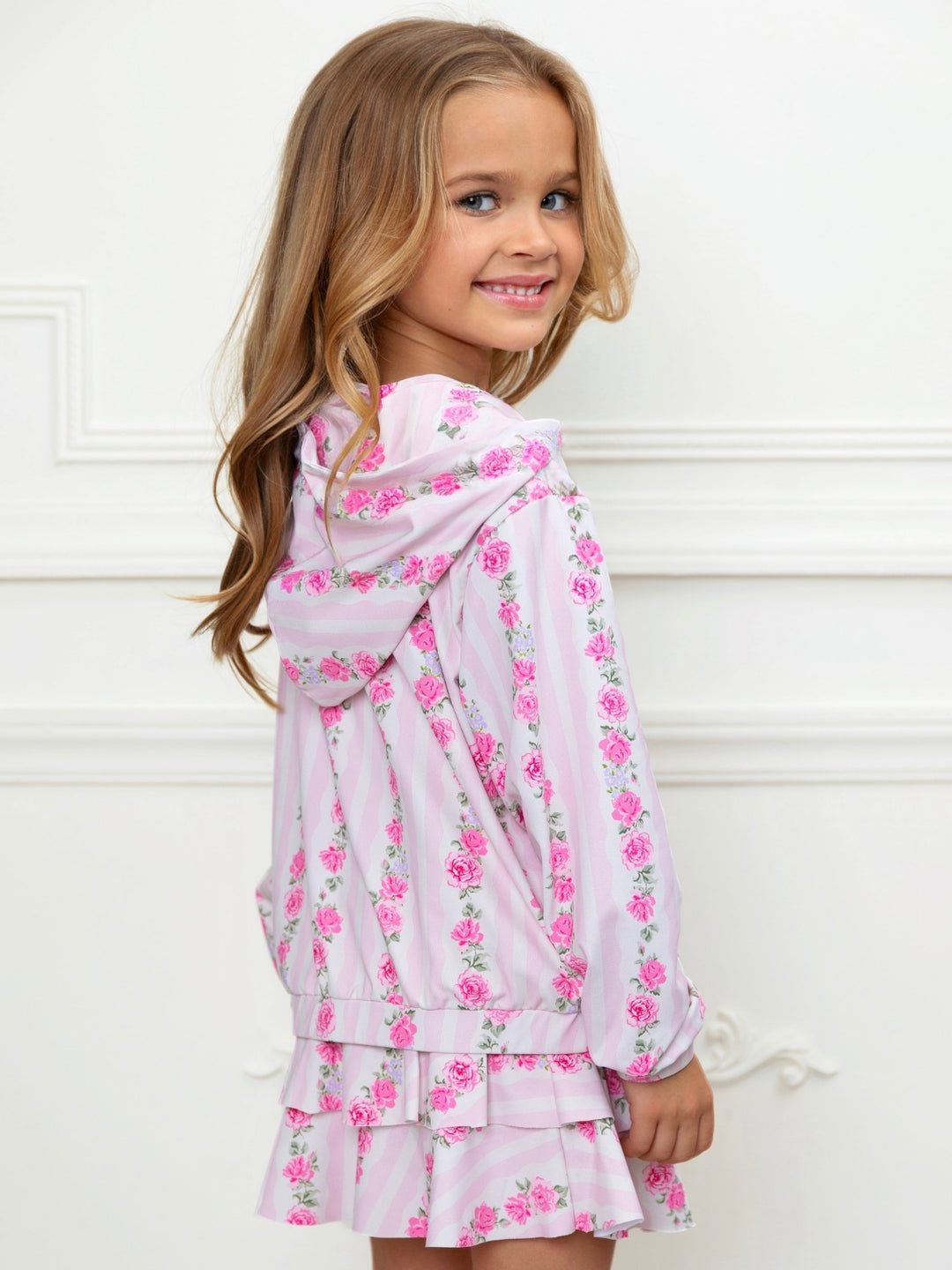 Girls pink floral skort outfit with coordinating jacket