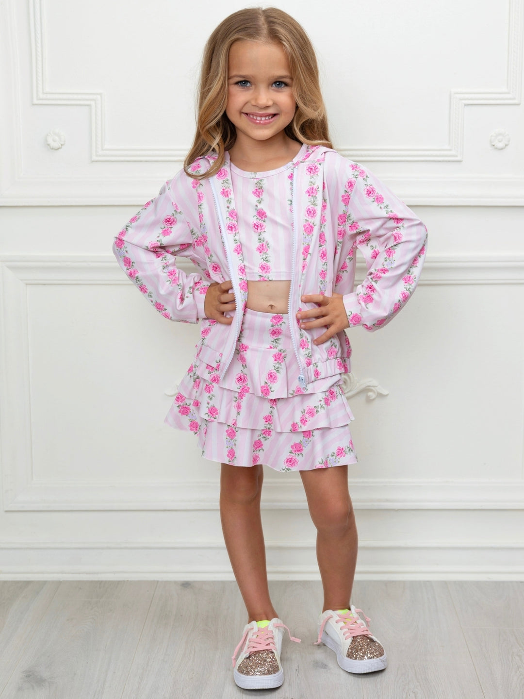 Girls pink floral three piece outfit with hooded jacket and skort