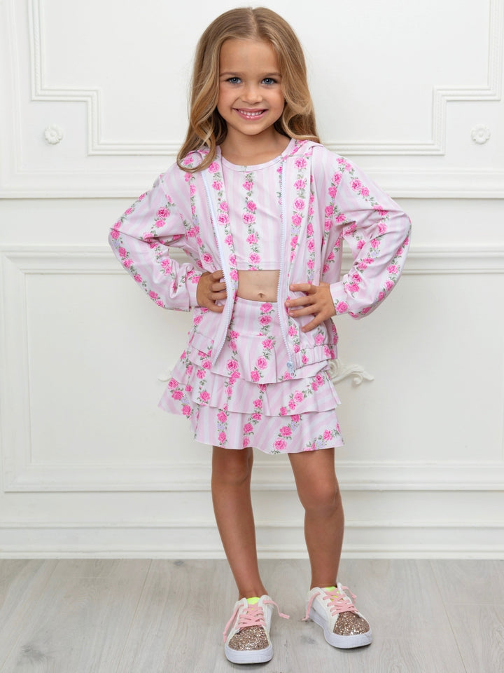 Girls pink floral three piece outfit with hooded jacket and skort