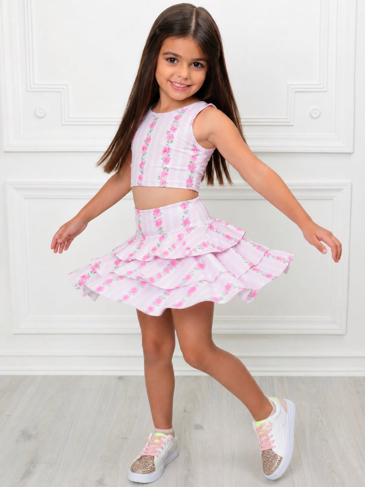 Girls rose print matching set featuring crop top and tiered skort